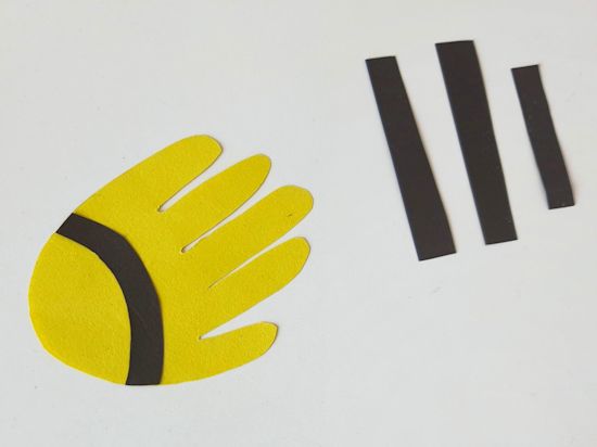 Glue curved strip first to palm.